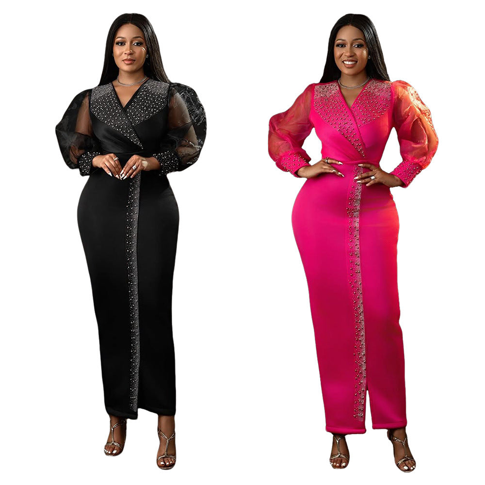Robe moulante à manches bouffantes en losanges pour femme