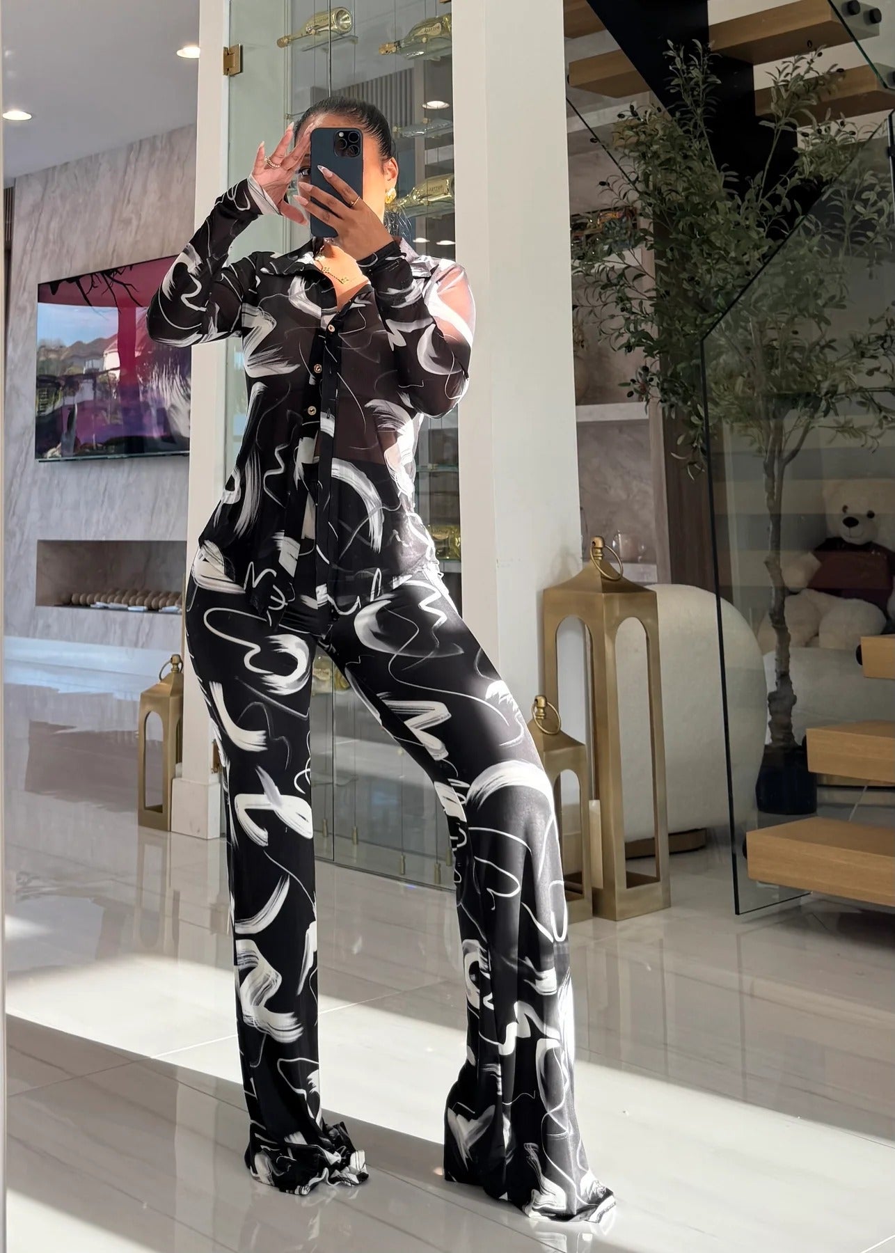 Habit :Ensemble cardigan en maille imprimée et pantalon évasé pour femme