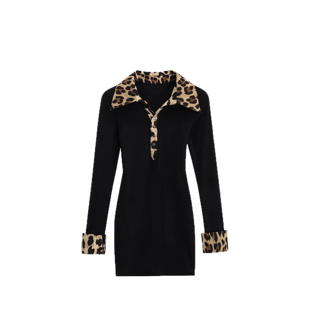 Robe à manches longues imprimée léopard à revers