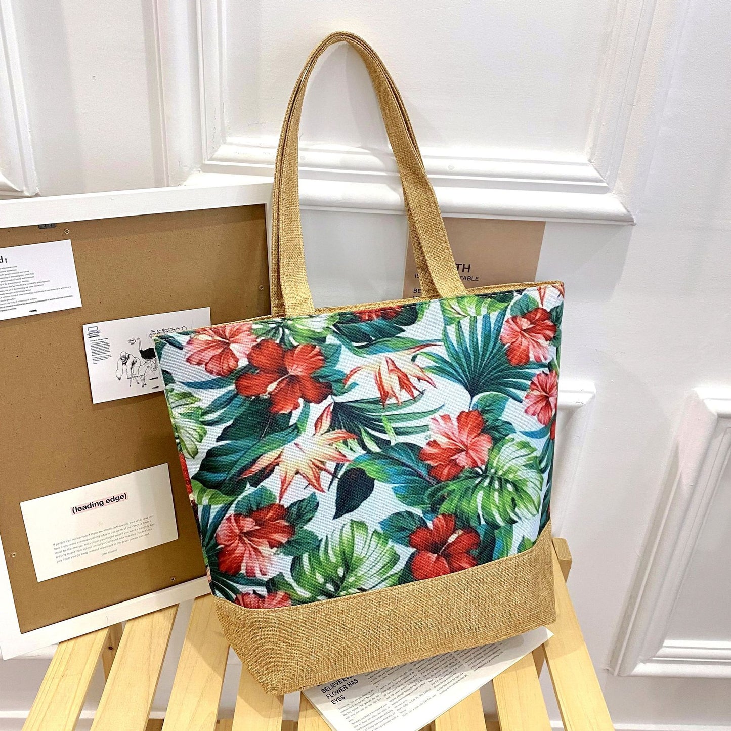 Sac fourre-tout artistique en coton et lin avec fermeture éclair