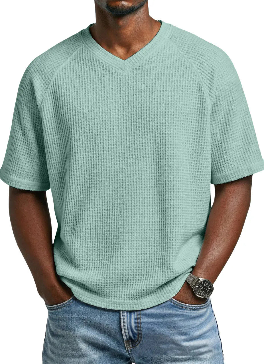 T-shirt pour hommes à col en V, manches courtes, tricoté et tendance