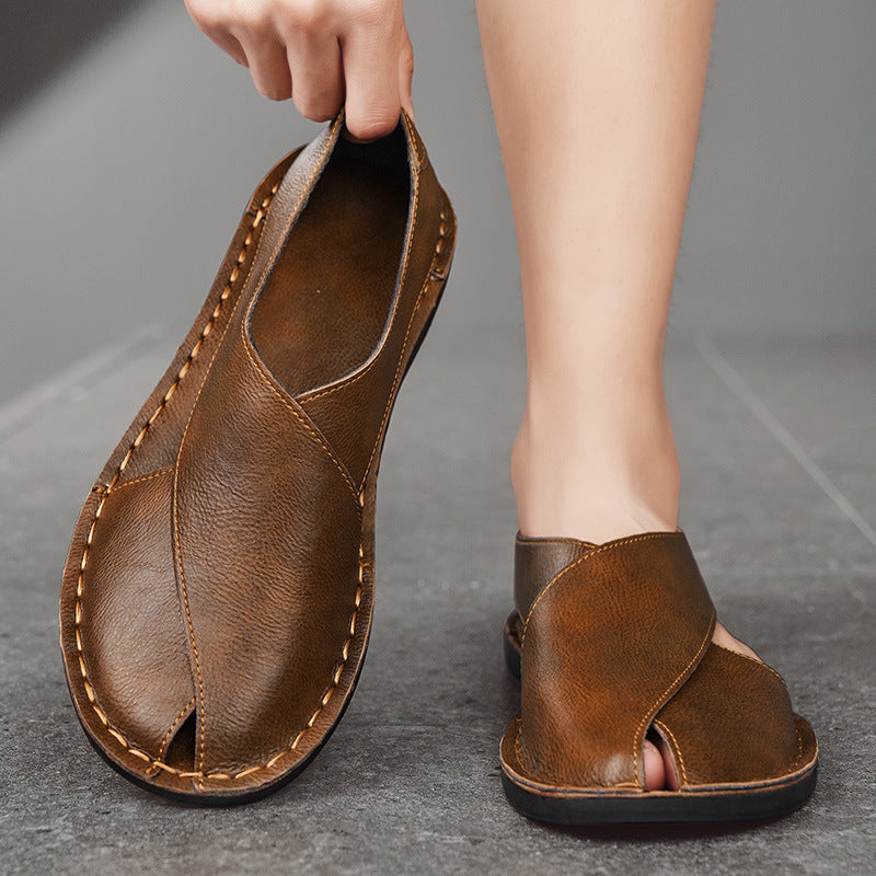 Sandales à enfiler respirantes pour hommes en cuir véritable