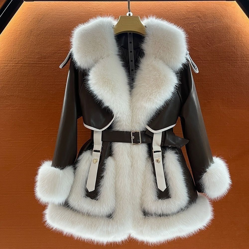 Manteau en fourrure mi-long pour femmes avec grand col en fourrure et ceinture