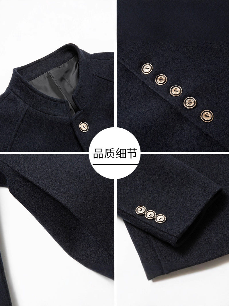 Manteau en laine pour hommes automne et hiver, décontracté, coupe slim, col droit style Zhongshan, manteau en laine uni pour hommes