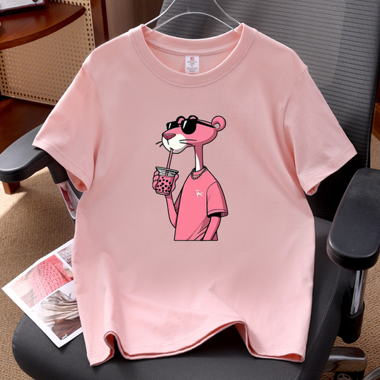T-shirt à manches courtes en pur coton, coupe ample, imprimé Panthère rose