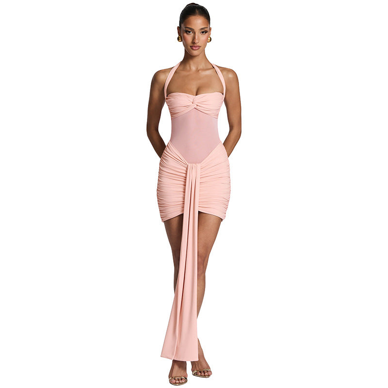Robe courte dos nu en maille unie pour femme