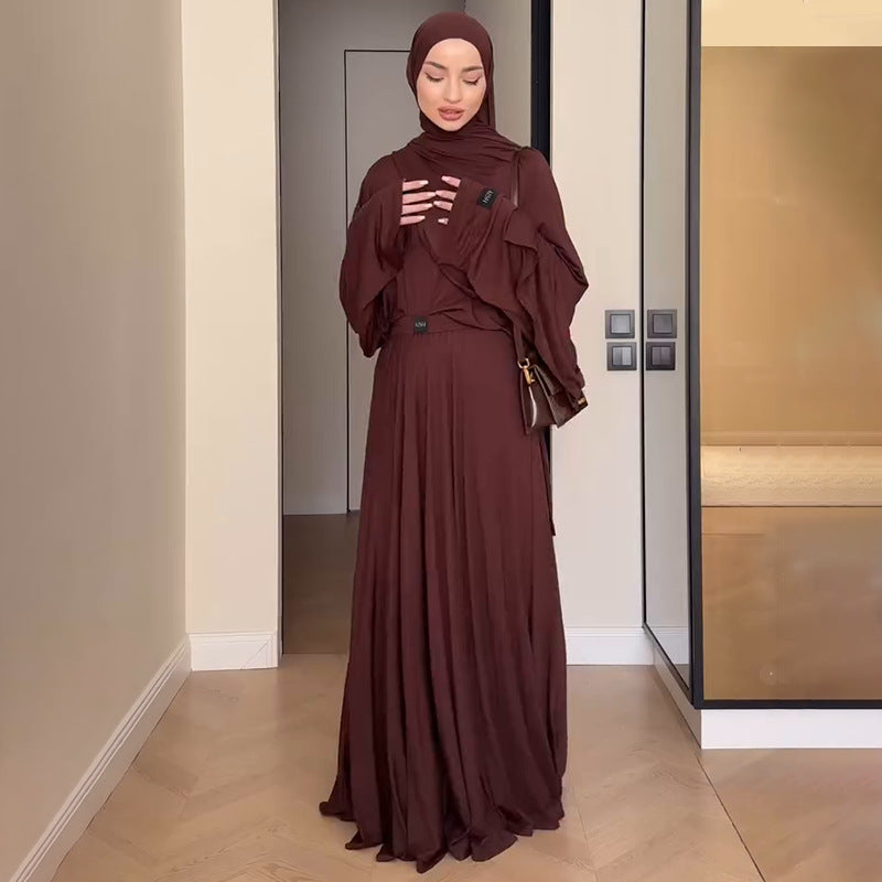 Ensemble de robe à manches longues plissée de couleur unie
