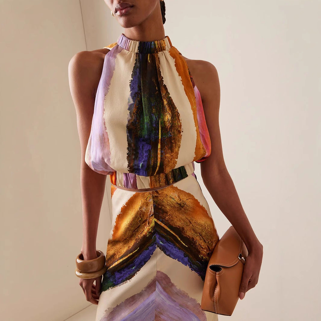 Robe longue imprimée sans manches pour femme