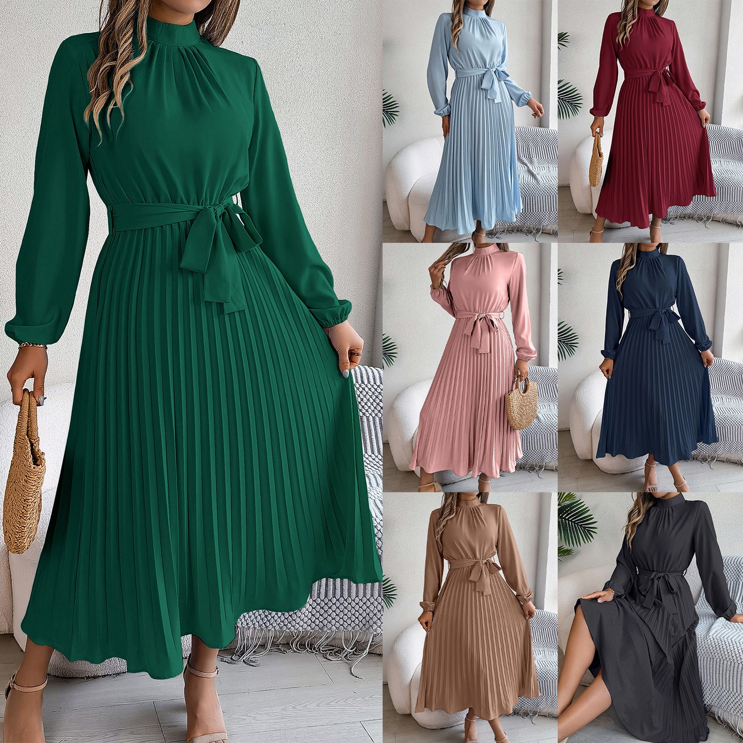 Robe longue plissée élégante à col montant