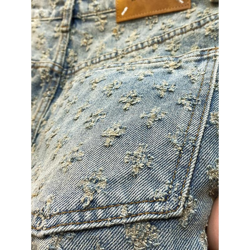 Shorts en denim de style américain 2024 pour hommes, été, coupe droite ample, déchirés, jacquard, haut de gamme, pantalon mi-long