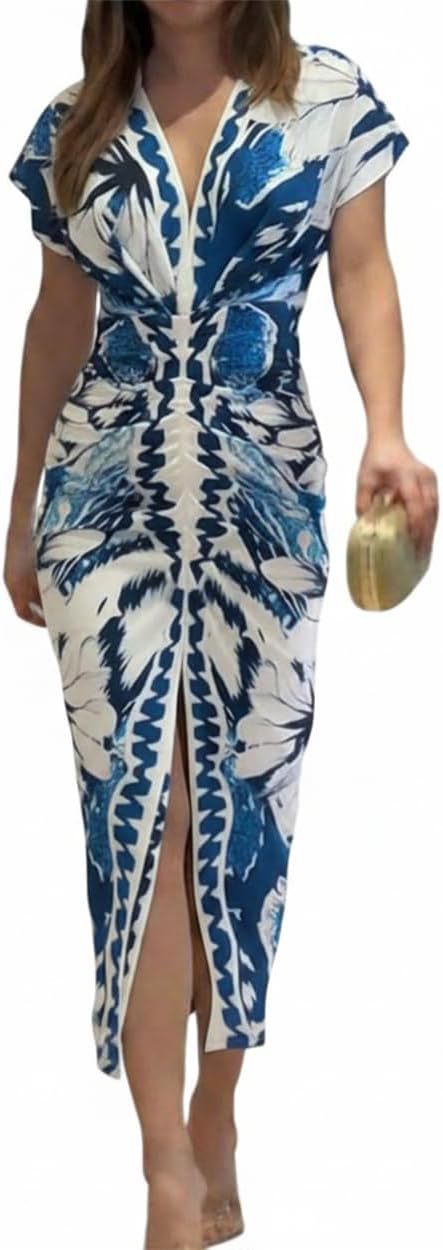 Robe imprimee a col en V et fente pour femme