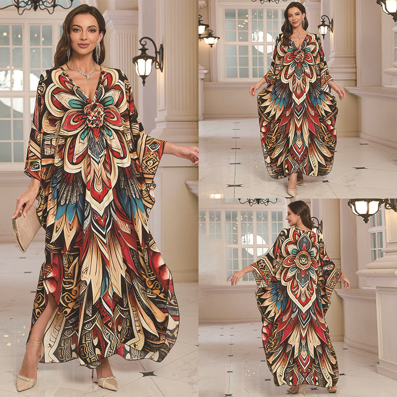 Robe longue de plage imprimée en coton pour femme, robe longue ample, paréo, vêtement de protection solaire