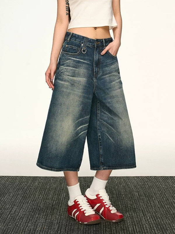 Pantalon court en jean large délavé vintage