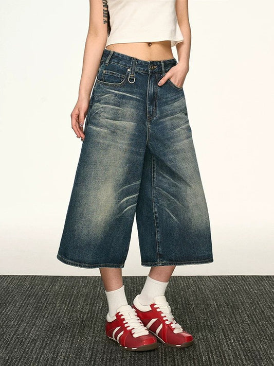 Pantalon court en jean large délavé vintage