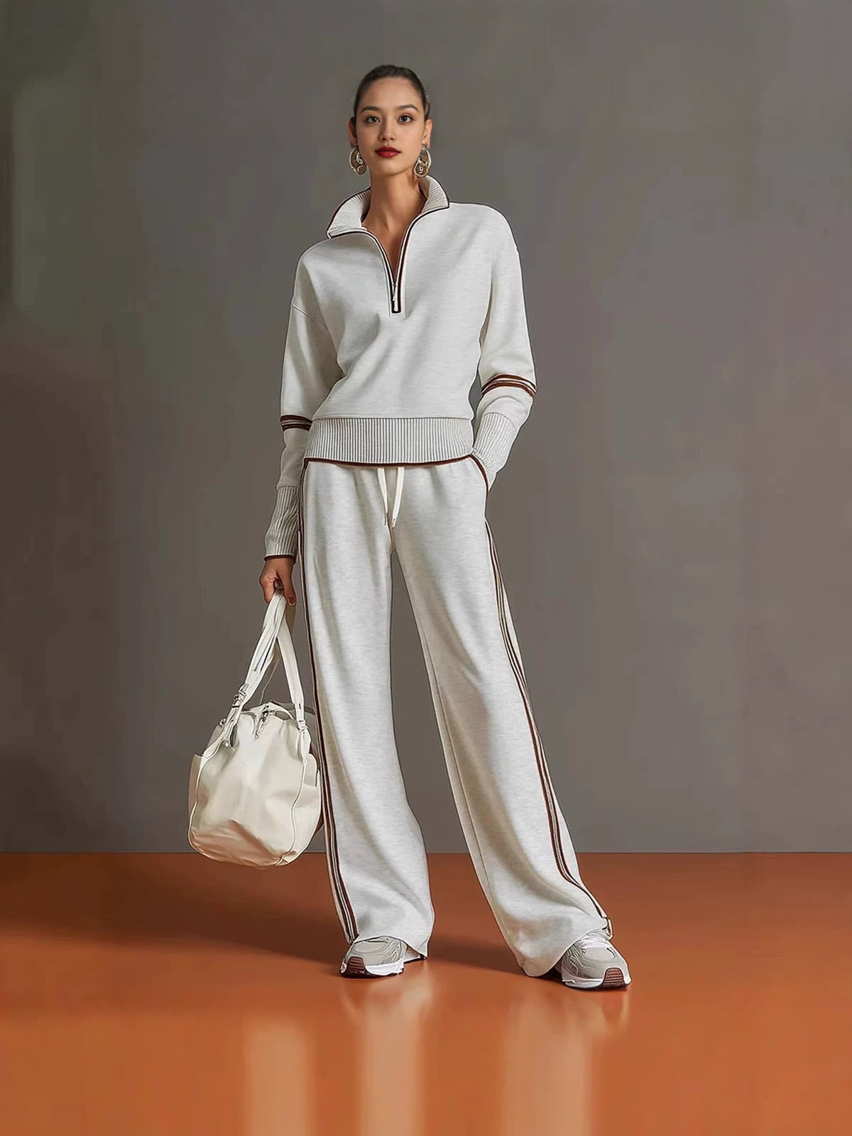 Habit :Ensemble décontracté sweat-shirt à col droit et pantalon à jambes larges