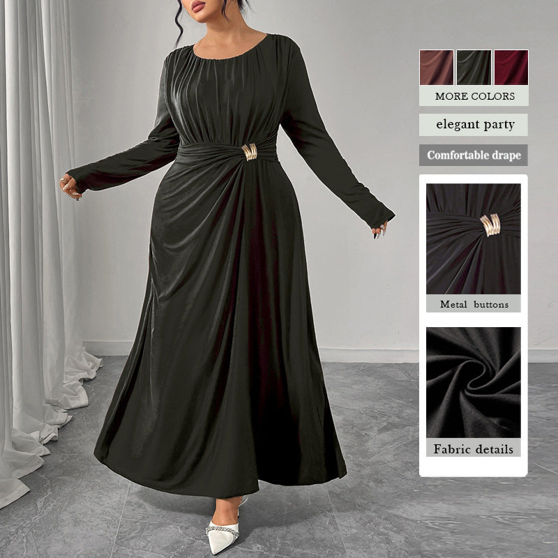 Robe longue à col V et manches bouffantes pour femme