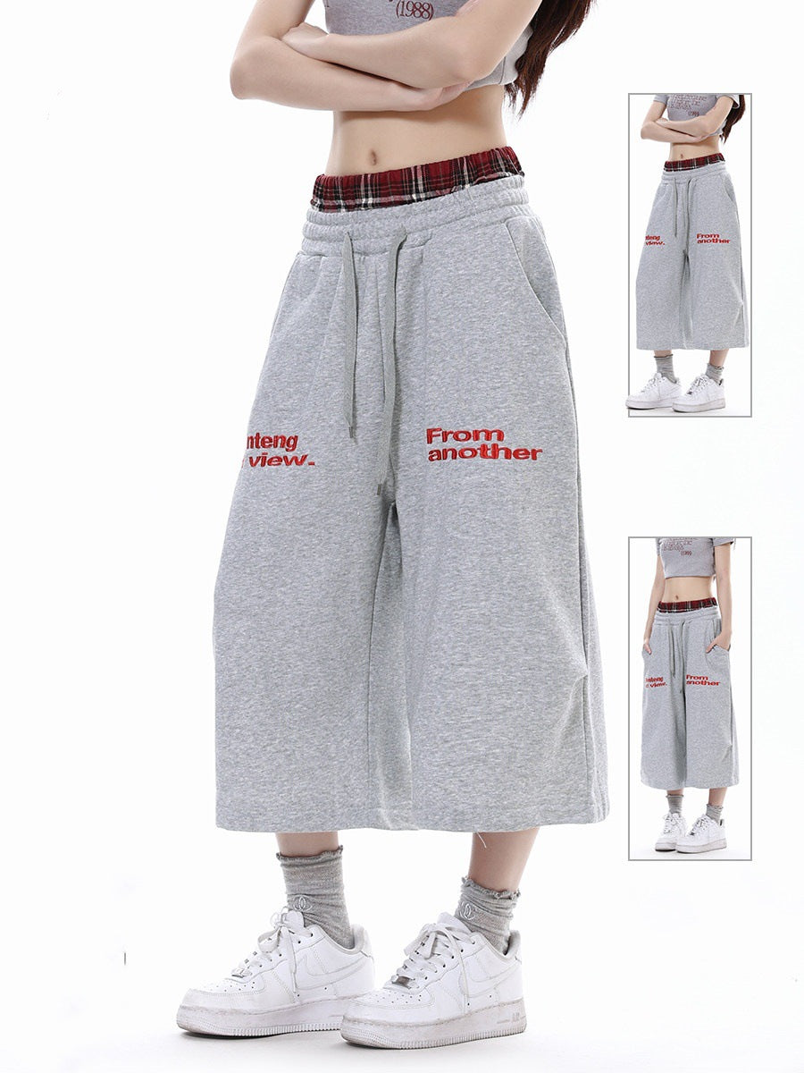 Pantalon court décontracté à carreaux patchwork et double taille