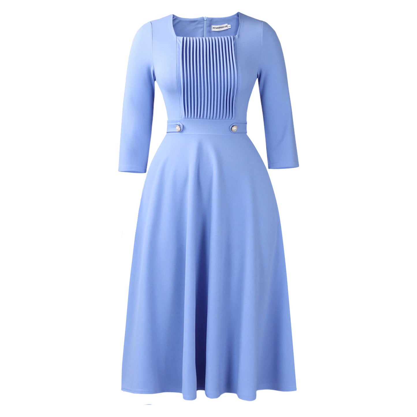 Robe plissée à taille haute et col carré pour femme