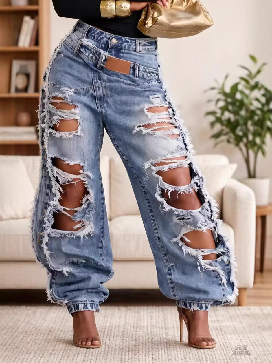 Pantalon en jean large déchiré taille haute