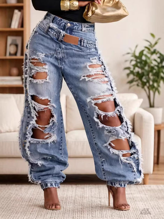 Pantalon en jean large déchiré taille haute