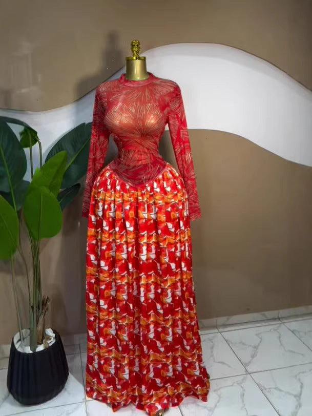 Robe longue plissée en maille imprimée pour femmes