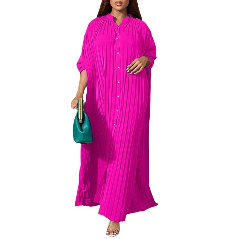 Robe chemise décontractée à manches longues plissée unie boutonnée