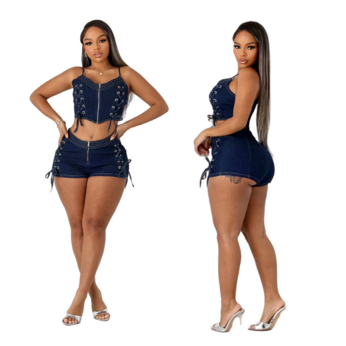 Ensemble gilet en jean à lacets et short élastique