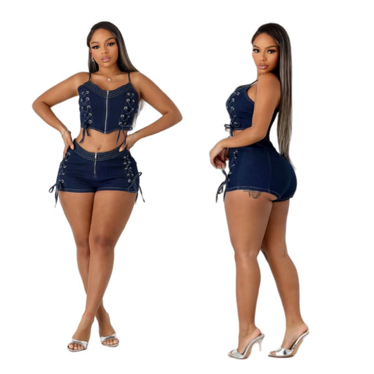 Ensemble gilet en jean à lacets et short élastique