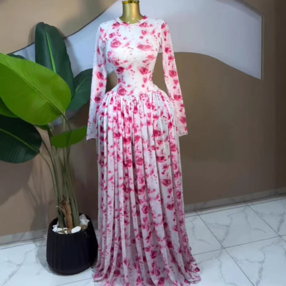 Robe longue plissée en maille imprimée pour femmes