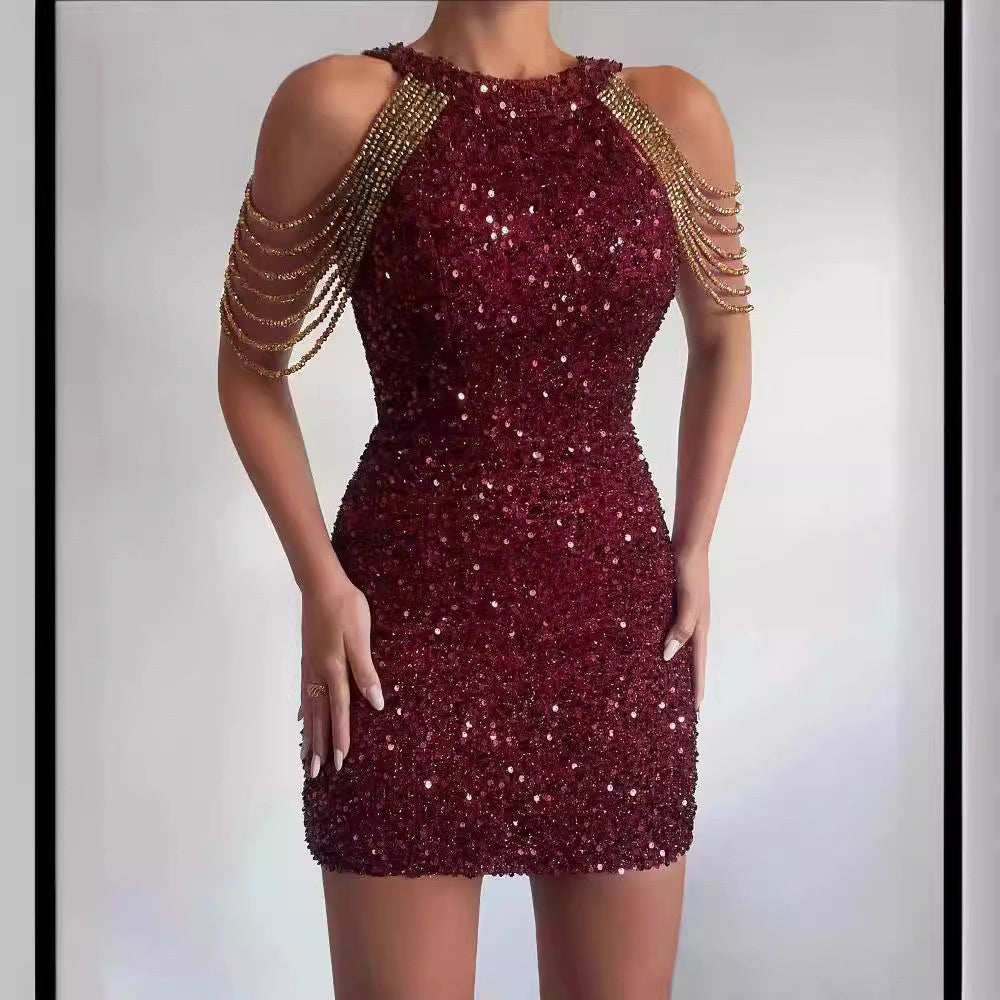 Habit :Robe de soirée moulante sexy à sequins, col licou et chaîne en cristal, taille mi-haute