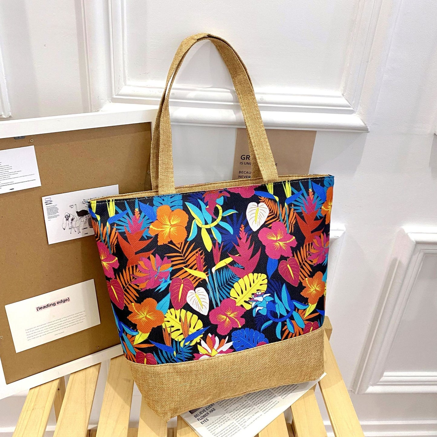 Sac fourre-tout artistique en coton et lin avec fermeture éclair