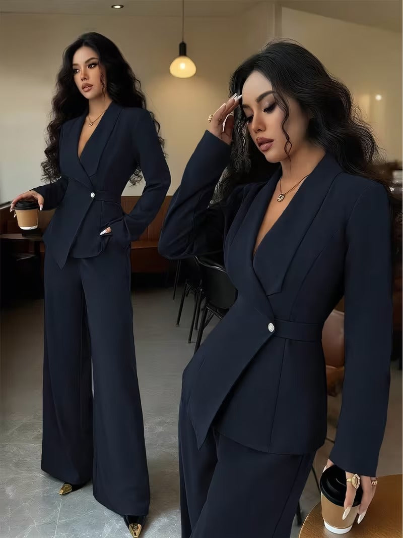 Ensemble deux pièces pour femme : veste longue à col en V et pantalon à jambes larges