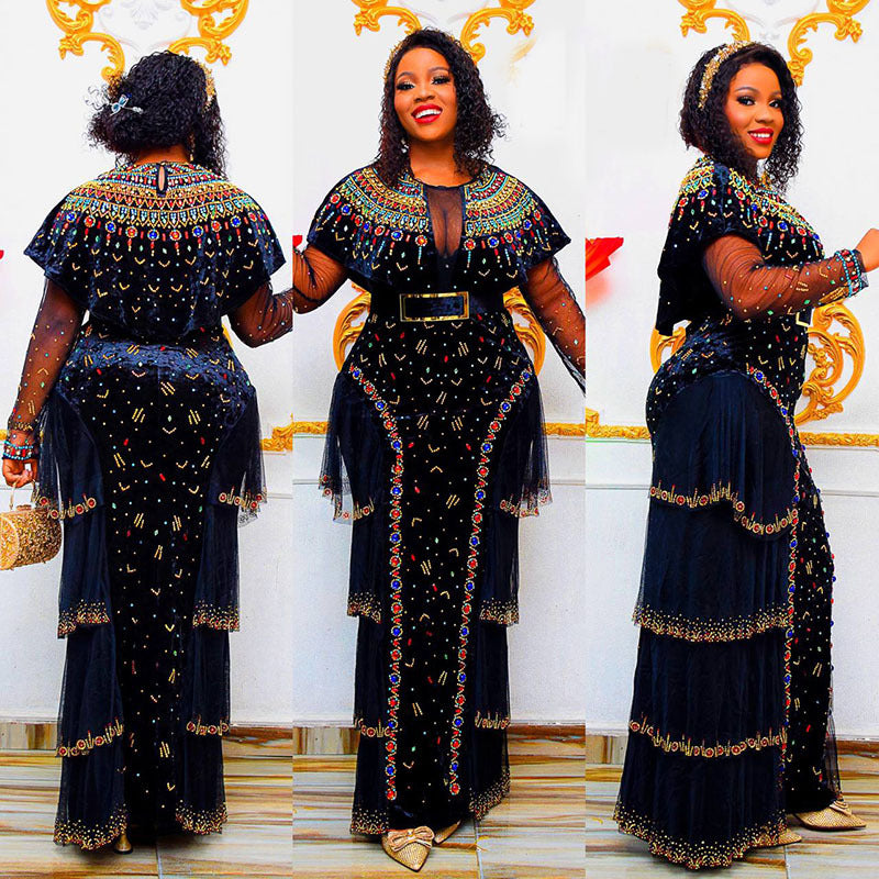 Habit :Robe longue à manches longues et col rond ornée de perles et de clous décoratifs, style africain, vêtements pour femmes