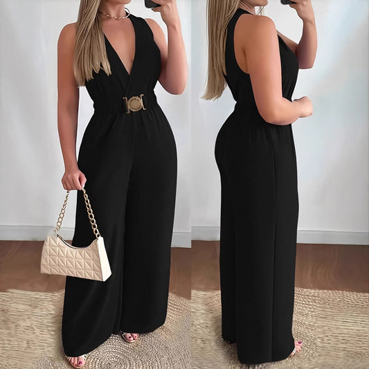Habit :Combinaison femme sans manches à col en V profond et jambes larges