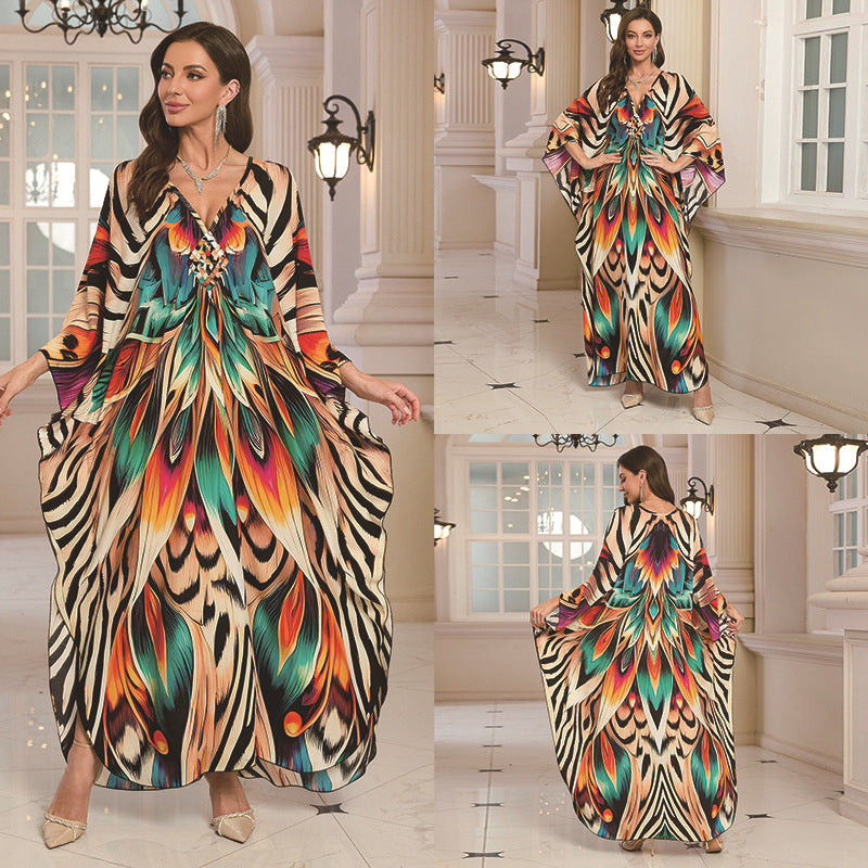 Robe longue de plage imprimée en coton pour femme, robe longue ample, paréo, vêtement de protection solaire