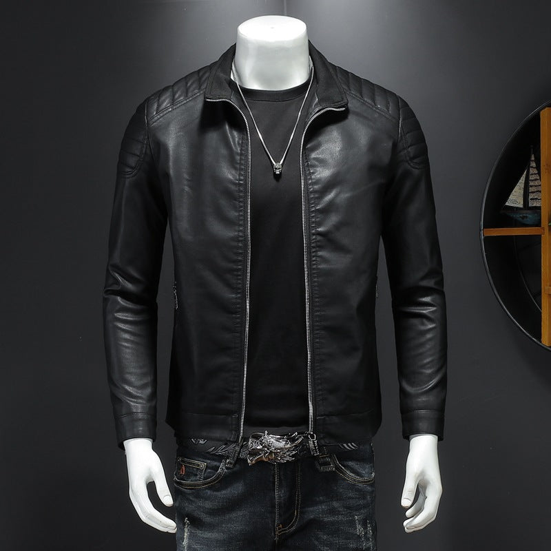 Veste en cuir PU pour homme, coupe slim, col montant, manteau zippé