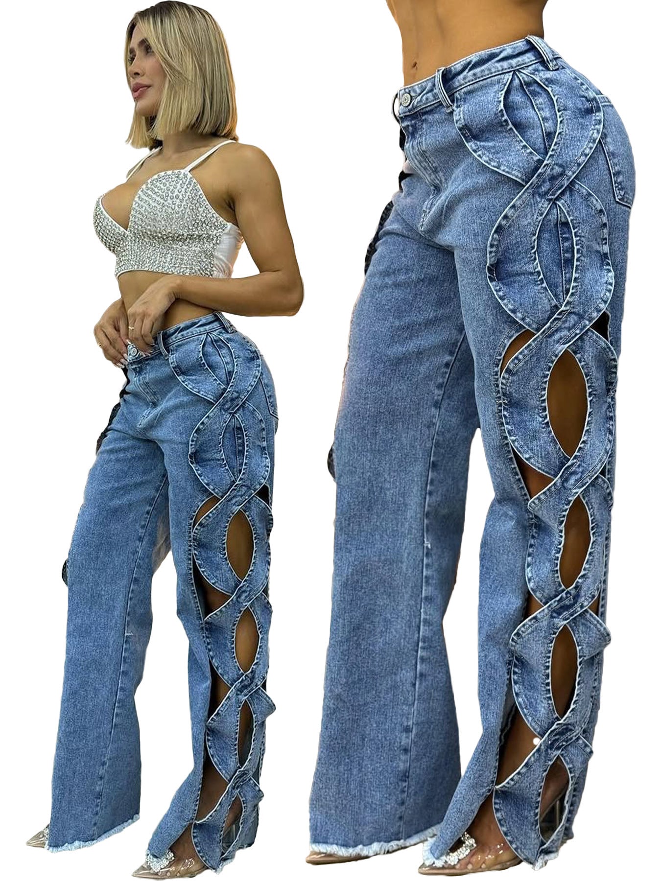 Pantalon en jean à patchwork pour femmes avec découpes
