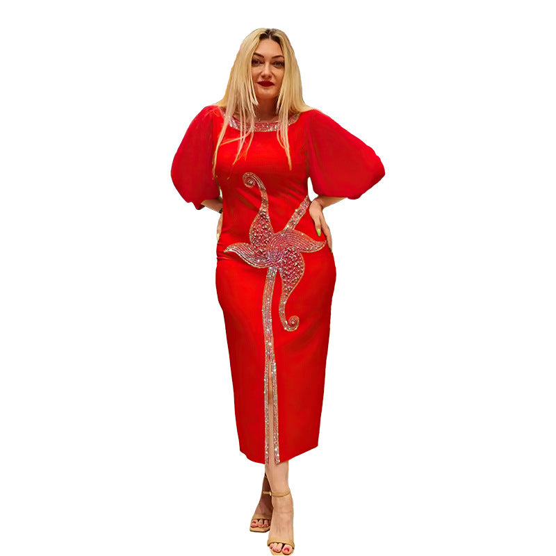 Robe à col rond et manches en résille