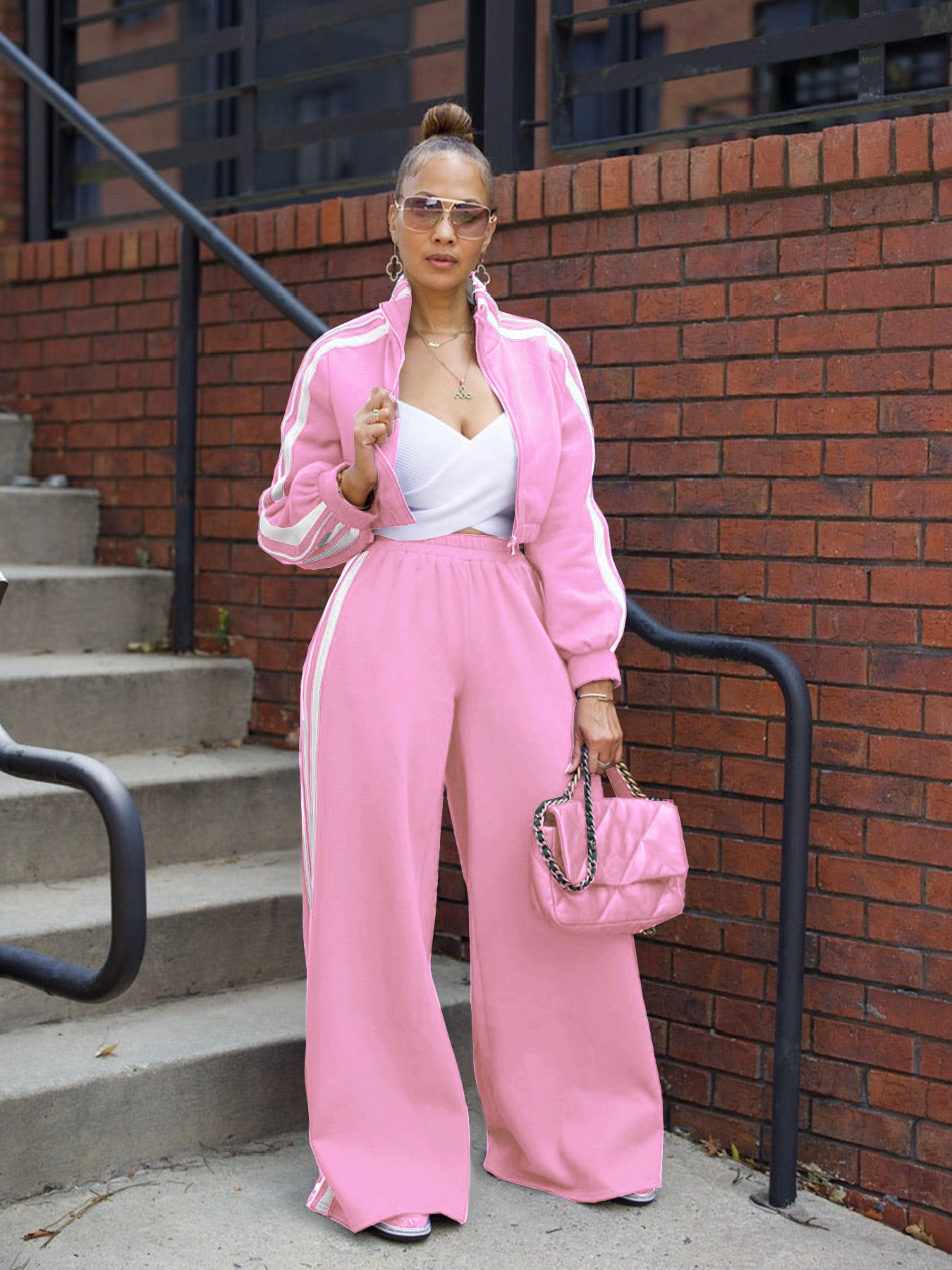 Ensemble sweat à capuche zippé à rayures et pantalon
