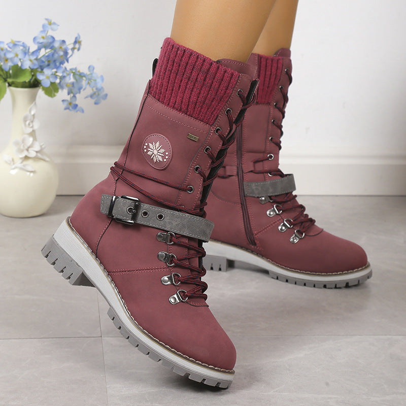 Bottes d'hiver pour femmes doublées de fourrure, chaudes, montantes, à lacets