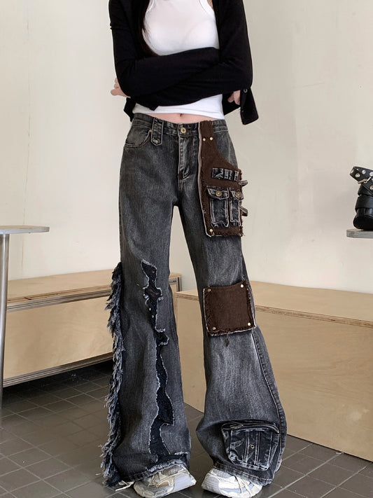 Pantalon en denim à patchs lavé