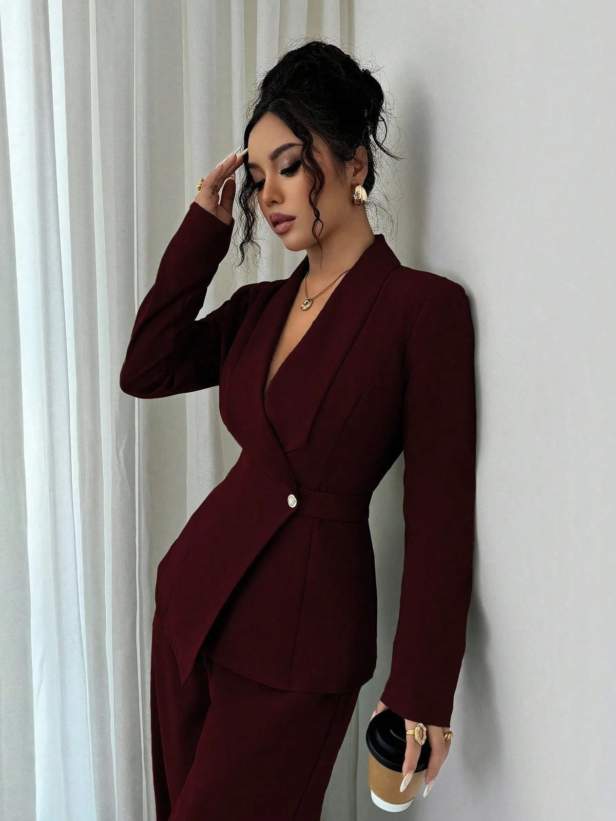 Ensemble deux pièces pour femme : veste longue à col en V et pantalon à jambes larges