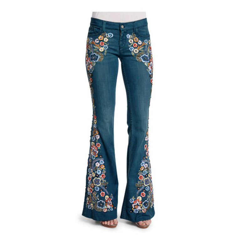 Pantalon en jean évasé brodé pour femme