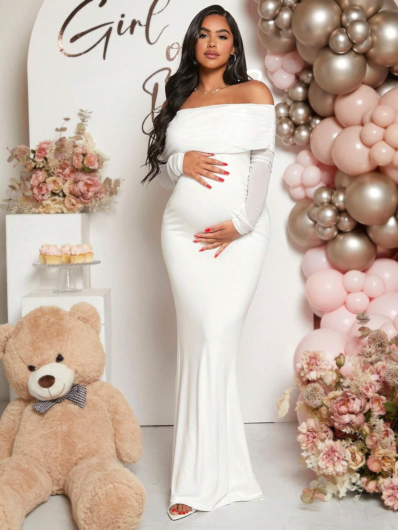 Robe grossesse style sirène à manches longues et épaules dénudées