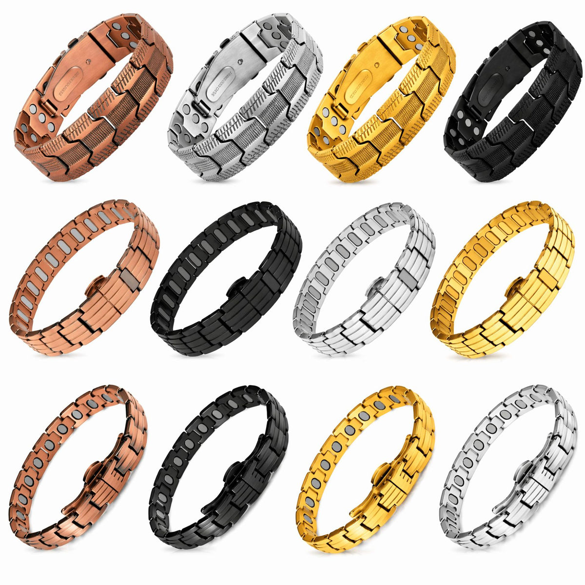 Bracelet magnétique en cuivre à trois rangées, finition brossée par galvanoplastie et fermoir déployant.