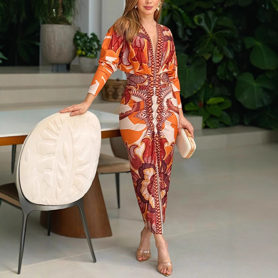 Robe à manches longues avec col en V et imprimé floral