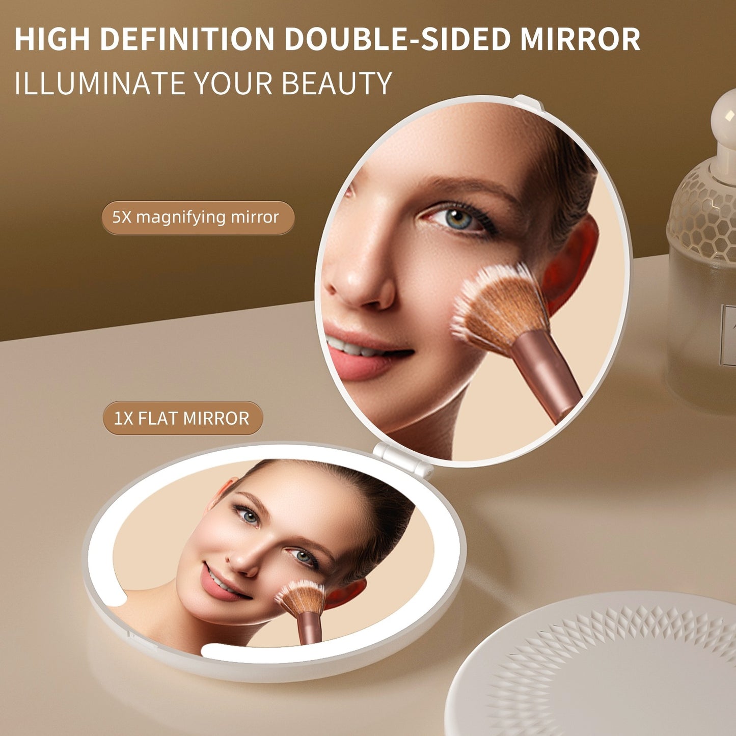 Miroir de maquillage portable à LED avec loupe