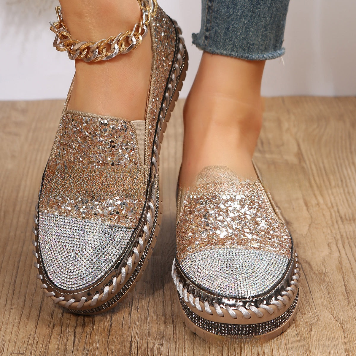 Mocassins décontractés pour femmes avec strass et semelle épaisse
