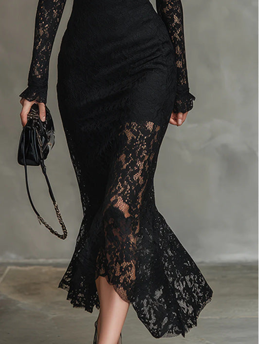 Robe sirène élégante en dentelle extensible noire