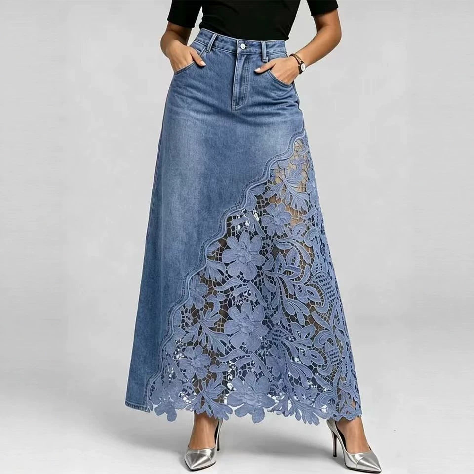 Jupe midi en jean à bordure en dentelle
